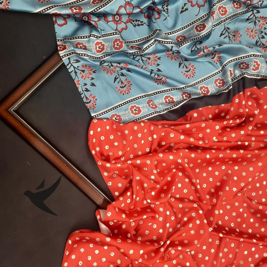 Magento red imported satin silk digital printed work saree