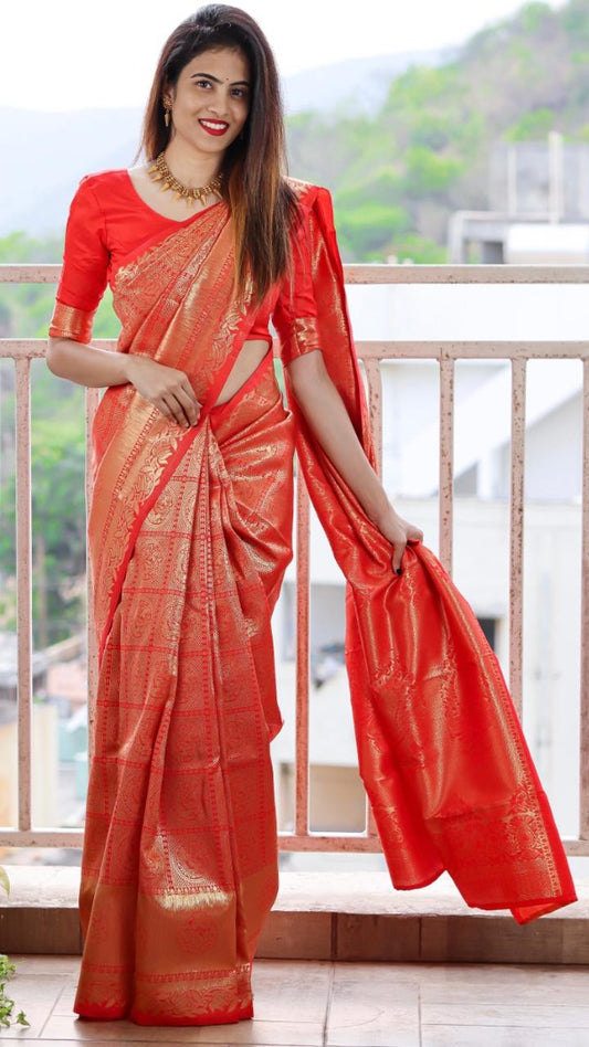 Magento red kanchiwaram zari weaving work wedding saree