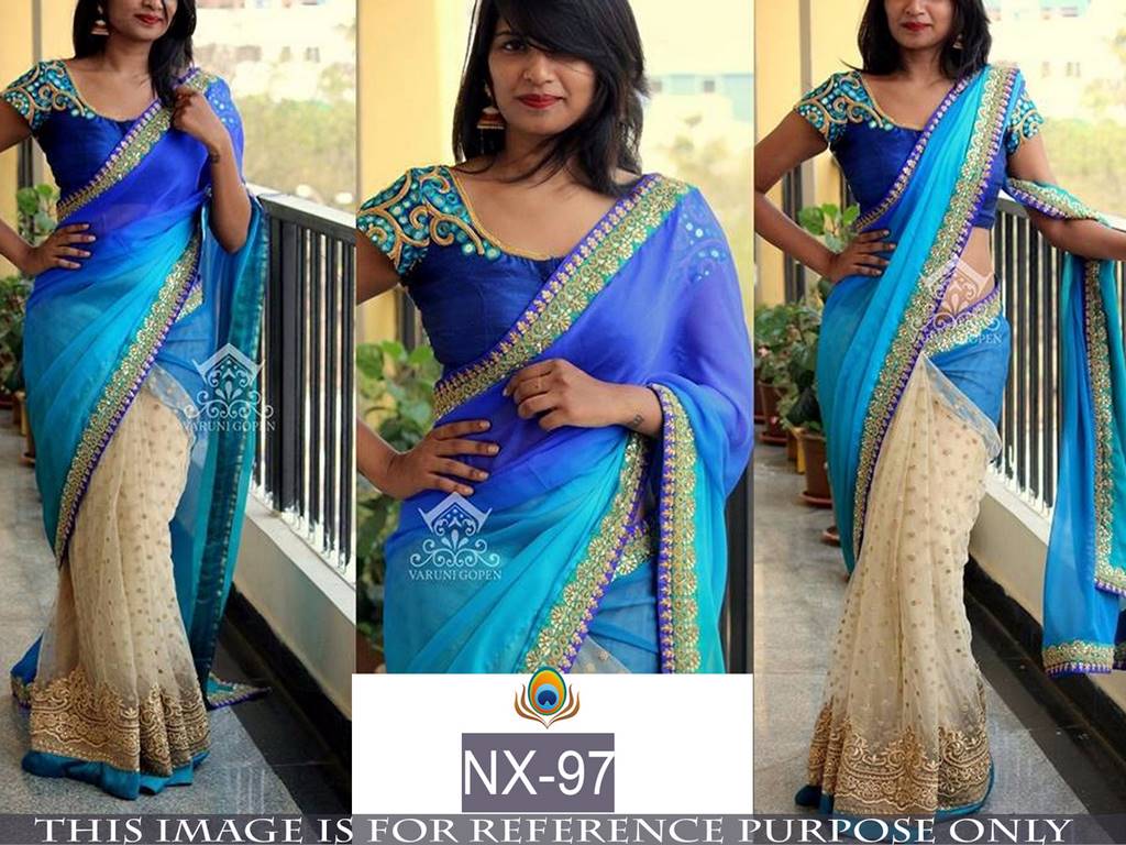 Mahaveer Designer embroidered blue and cream half half saree