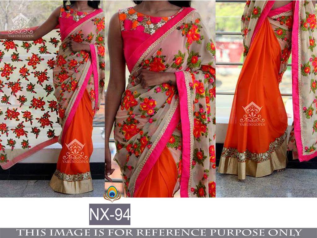 Mahaveer Designer embroidered cream and orange half half saree