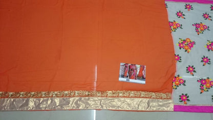 Mahaveer Designer embroidered cream and orange half half saree