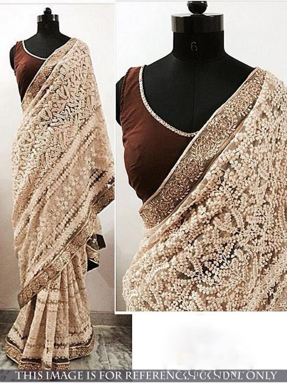 Mahaveer designer embroidered cream wedding saree