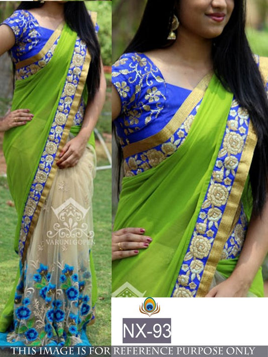 Mahaveer Designer embroidered green and cream saree