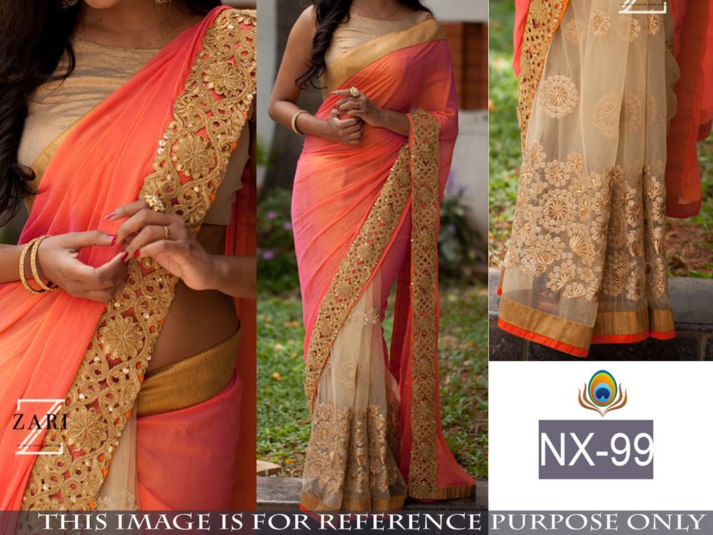 Mahaveer Designer embroidered orange and cream half half saree