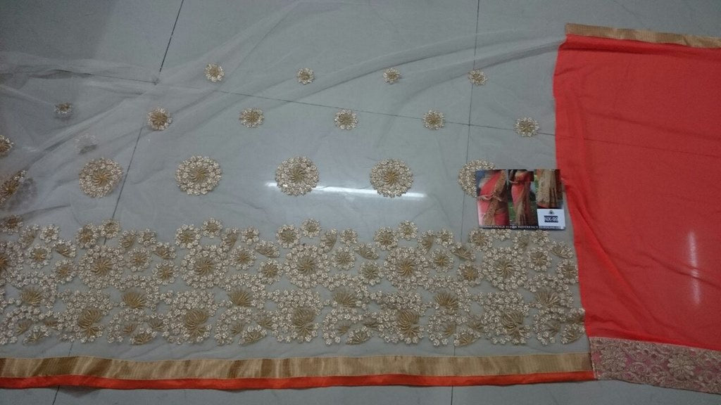 Mahaveer Designer embroidered orange and cream half half saree