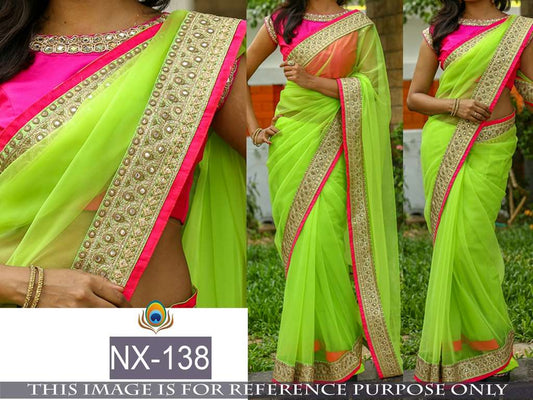 Mahaveer designer embroidered parrot green saree
