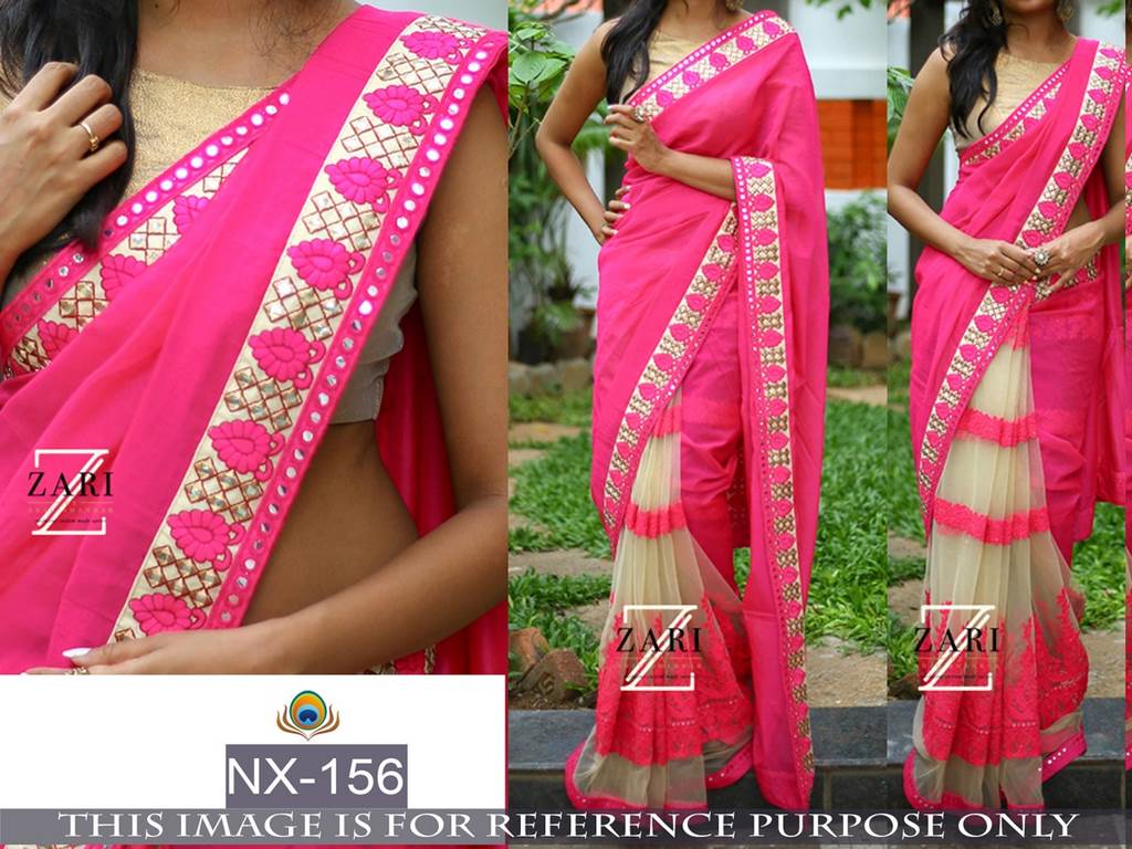 Mahaveer designer embroidered pink and cream ceremonial saree