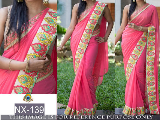 Mahaveer designer embroidered pink wedding saree