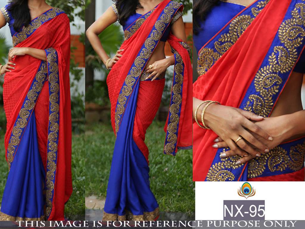 Mahaveer Designer embroidered red and blue half half saree