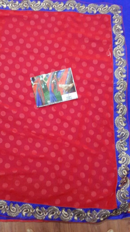 Mahaveer Designer embroidered red and blue half half saree