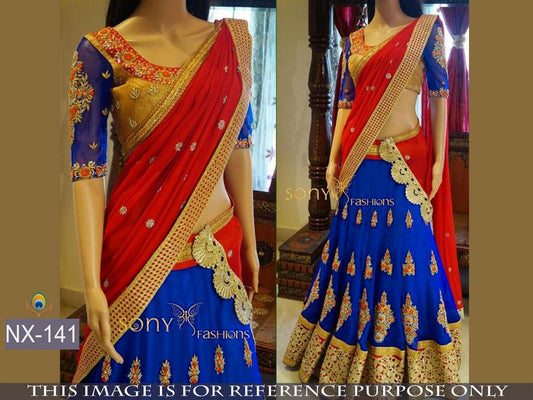 Mahaveer designer embroidered red and blue lehenga saree