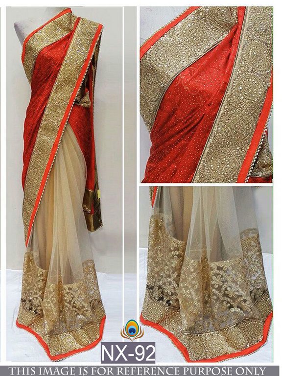 Mahaveer Designer embroidered red and cream half half saree