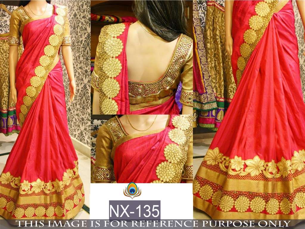 Mahaveer designer embroidered red paper silk saree