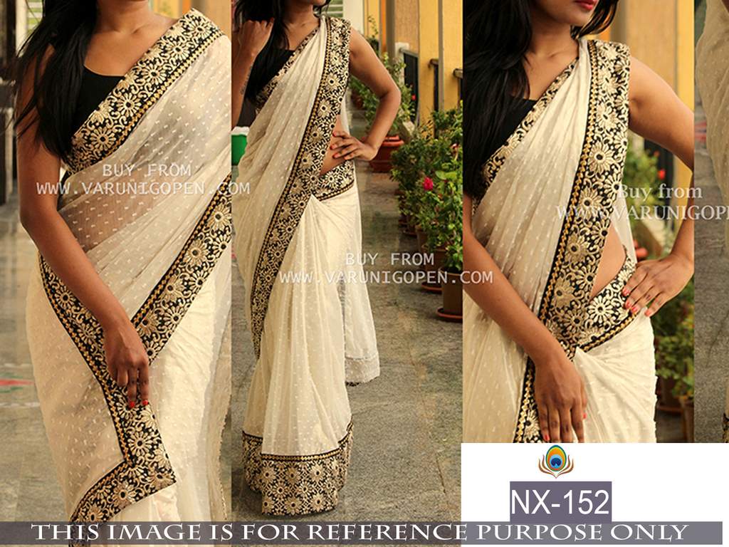 Mahaveer designer embroidered white partywear saree