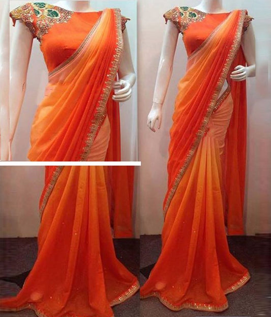 Mahaveer designer partywear orange saree