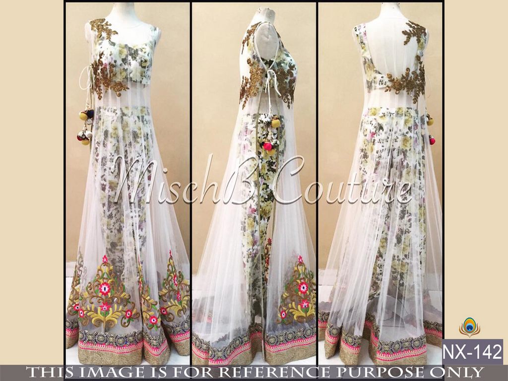 Mahaveer Designer printed and embroidered white lehenga