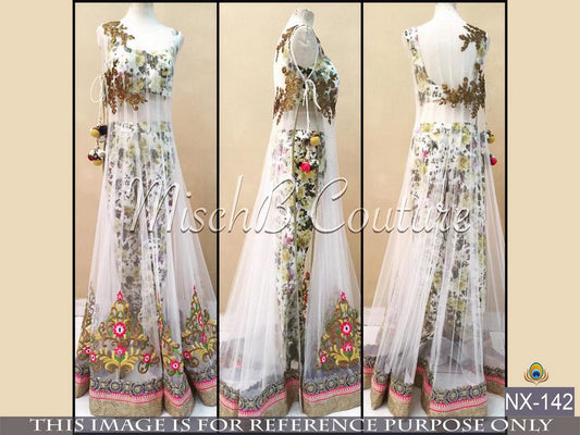 Mahaveer Designer printed and embroidered white lehenga