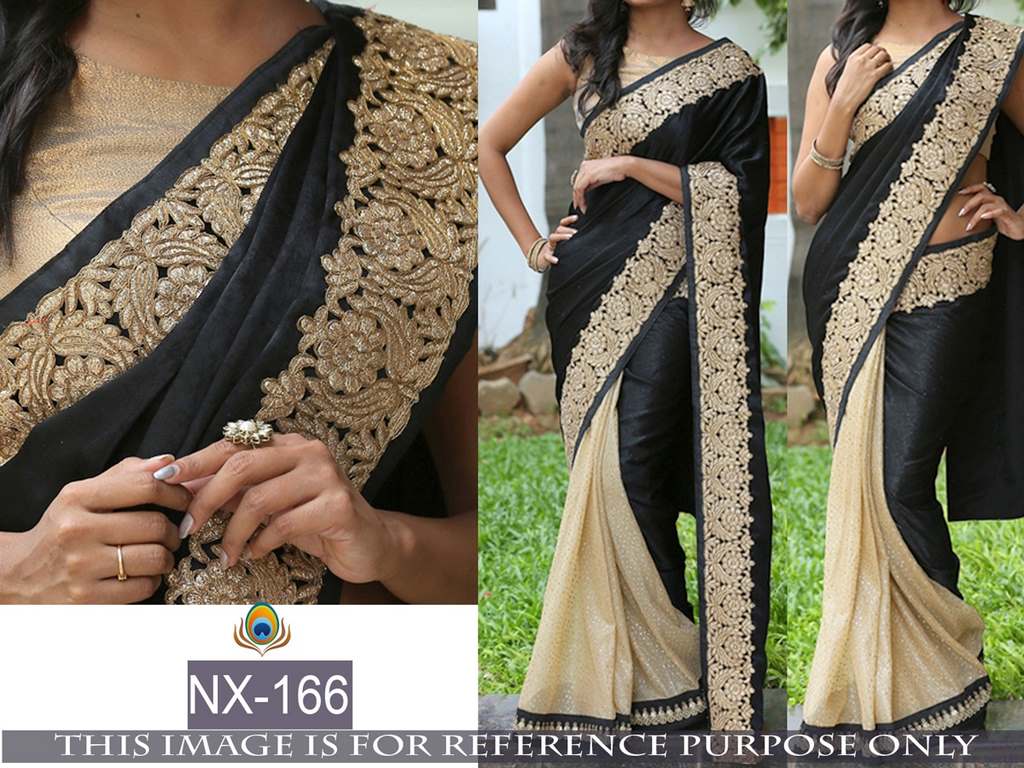 Mahaveer embroidered black and cream wedding saree