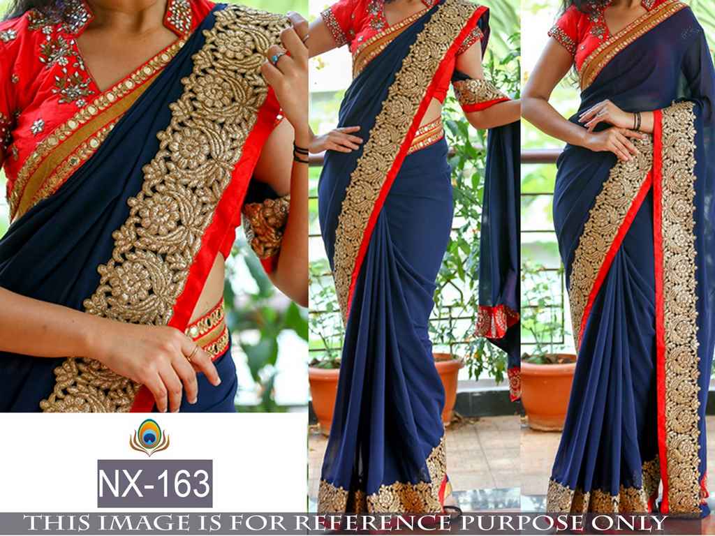 Mahaveer embroidered blue saree with heavy lace