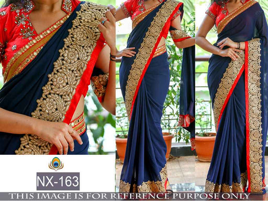 Mahaveer embroidered blue saree with heavy lace