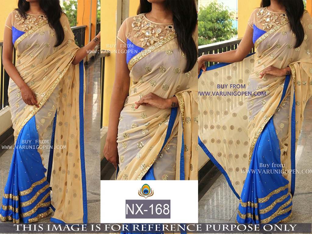 Mahaveer embroidered cream and blue wedding saree