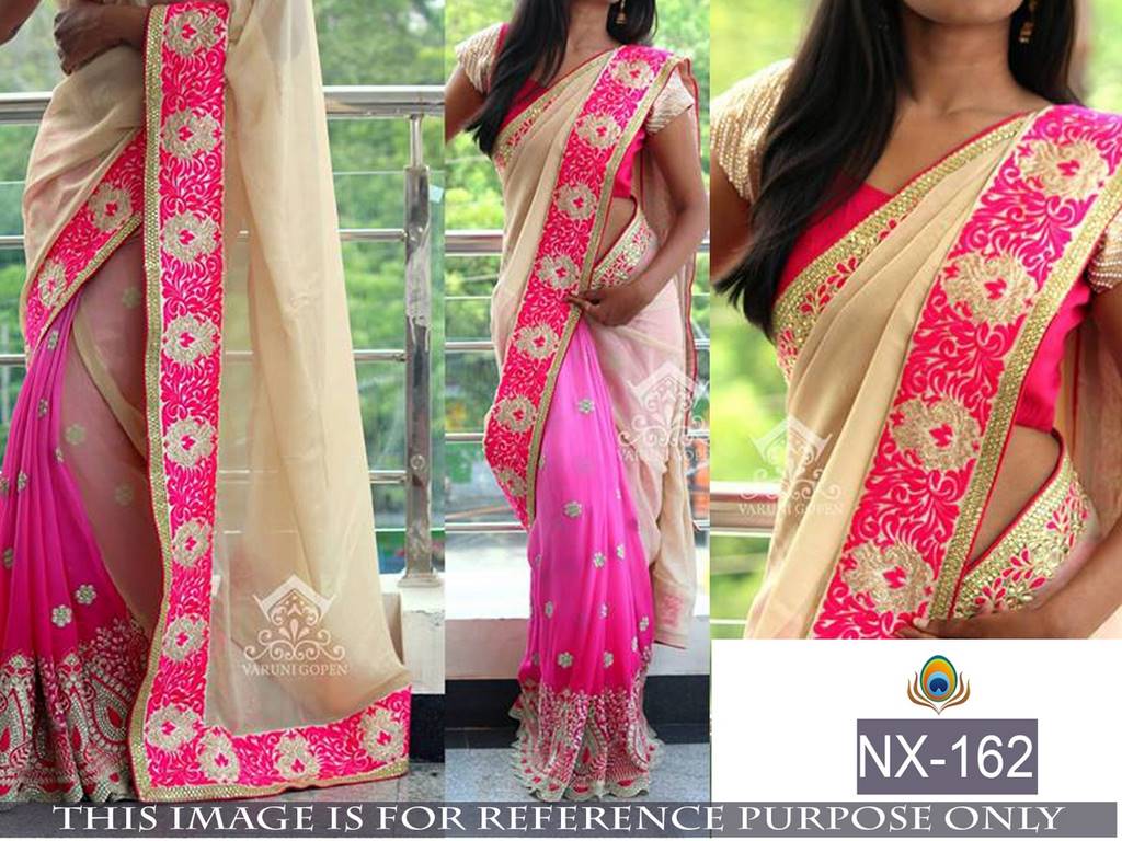 Mahaveer embroidered cream and pink wedding saree