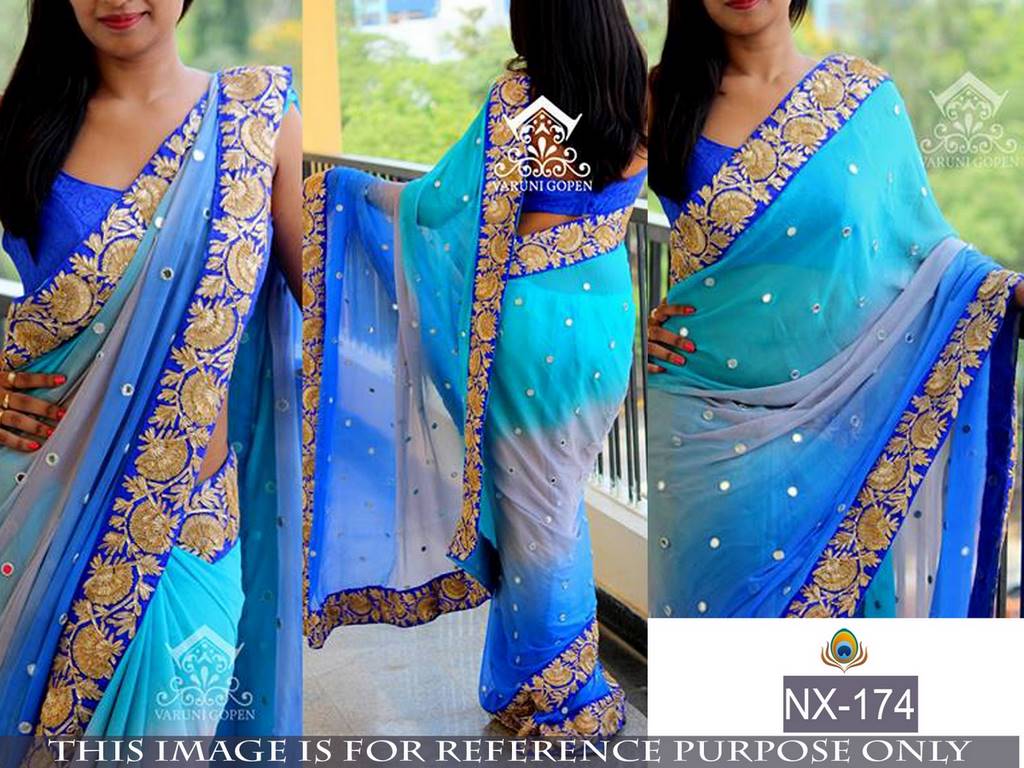 Mahaveer embroidered rama blue wedding saree