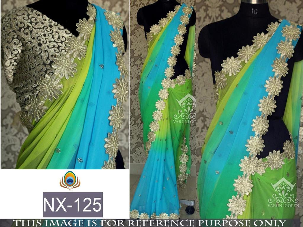 Mahaveer Gorgeous embroidered green and blue shaded saree