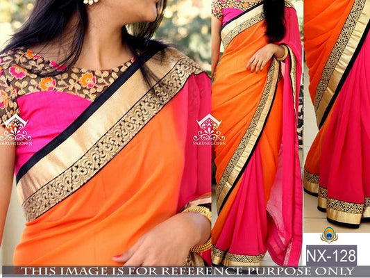 Mahaveer Gorgeous embroidered orange and pink saree