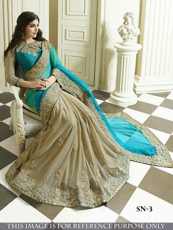 mahaveer heavy embroidered half half designer wedding saree