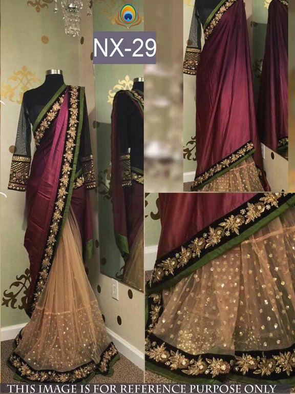 mahaveer maroon and cream half half saree