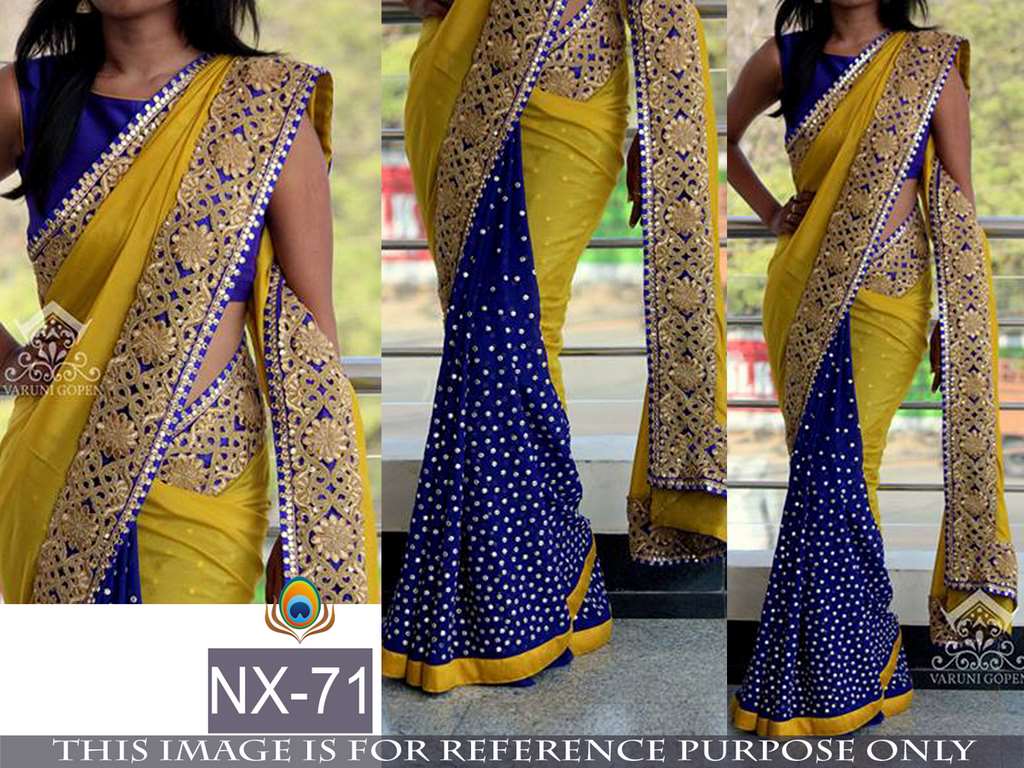 mahaveer yellow and blue half half embroidered saree