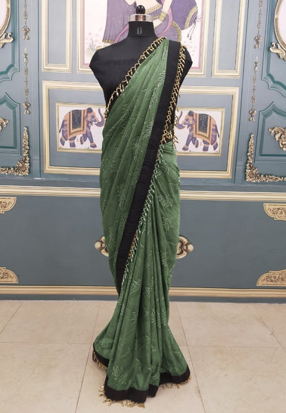 Mahendi green jursy jacquard saree with handwork border