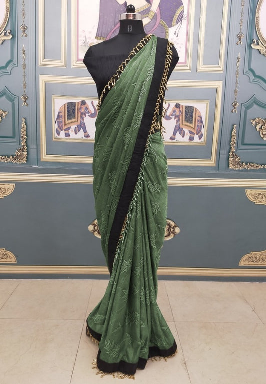 Mahendi green jursy jacquard saree with handwork border