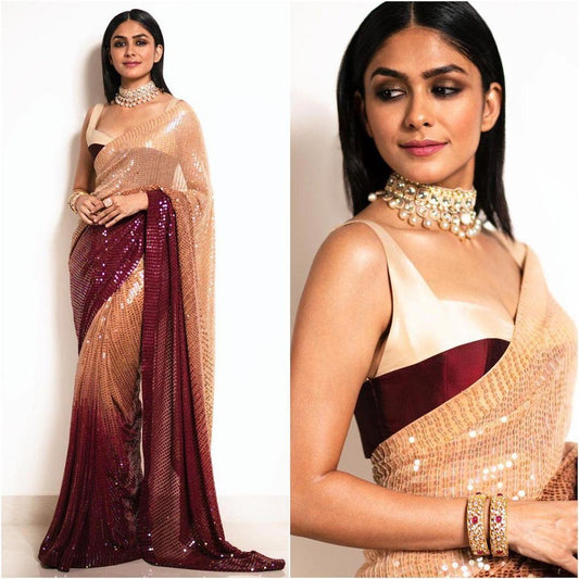 Maroon and beige sequence work partywear saree