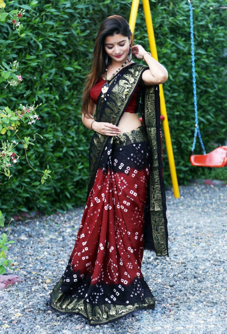 Maroon and black art silk bandhej saree