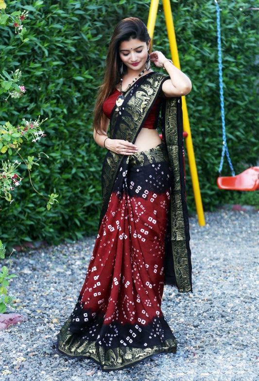 Maroon and black art silk bandhej saree