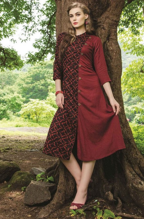 Maroon & Black Colored Cotton Printed Stitched Kurti