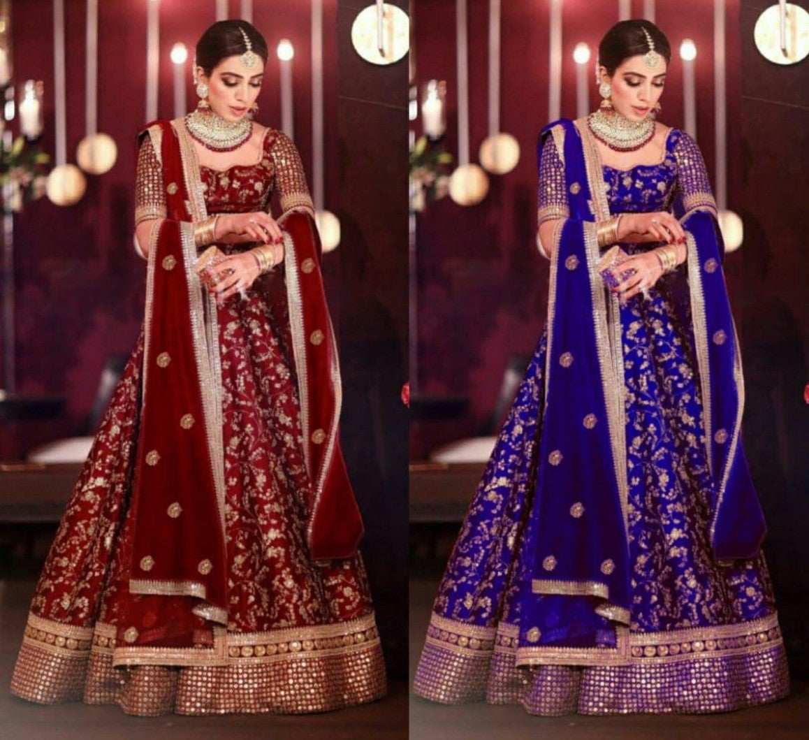 maroon and blue banglori satin designer embroidered bridal lehenga choli