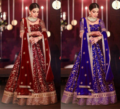 maroon and blue banglori satin designer embroidered bridal lehenga choli