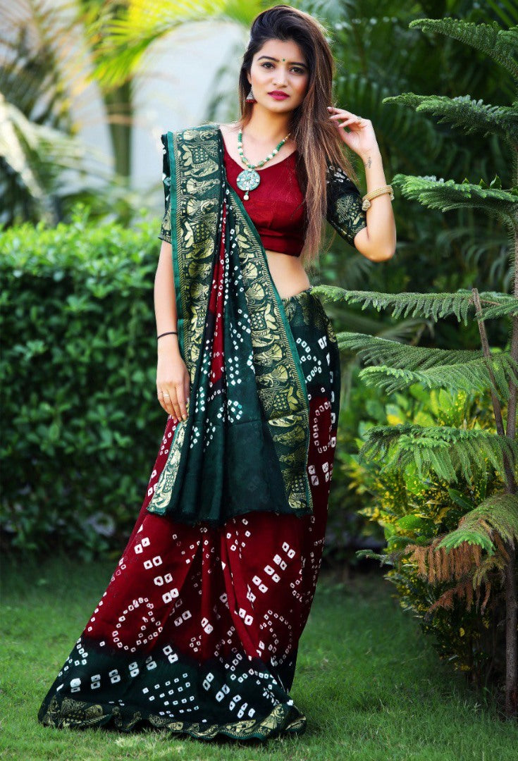Maroon and dark green art silk weaving border bandhej saree
