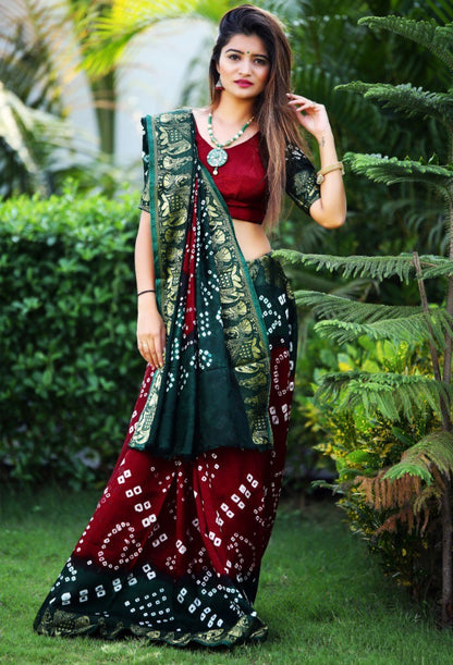 Maroon and dark green art silk weaving border bandhej saree