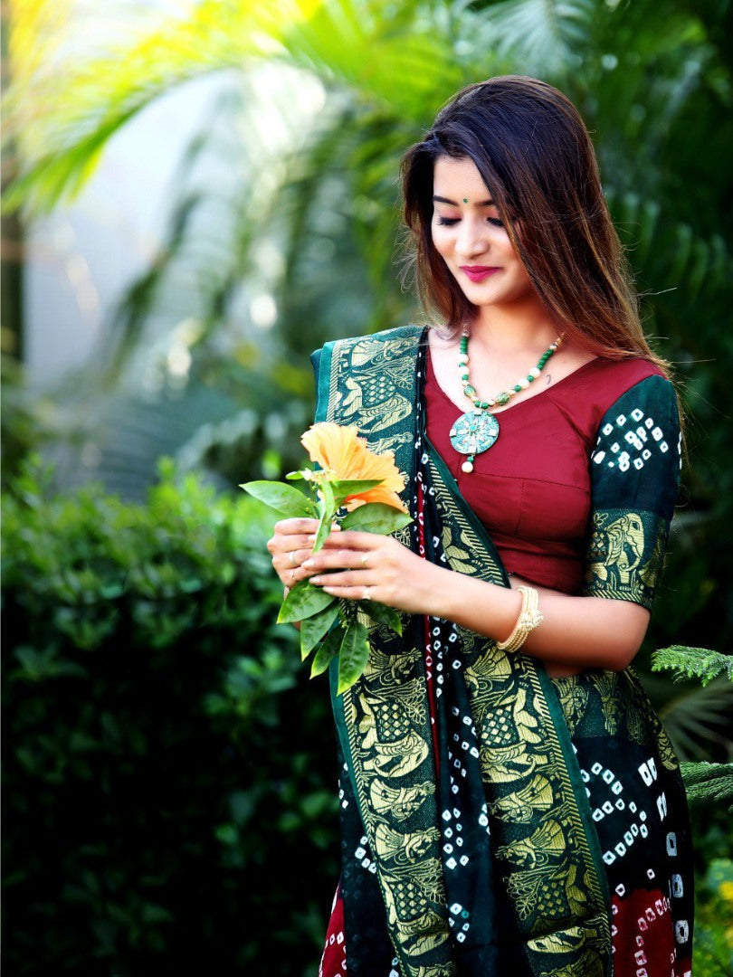 Maroon and dark green art silk weaving border bandhej saree