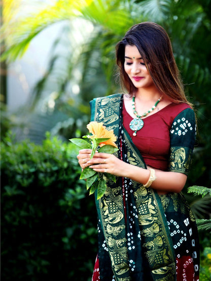 Maroon and dark green art silk weaving border bandhej saree