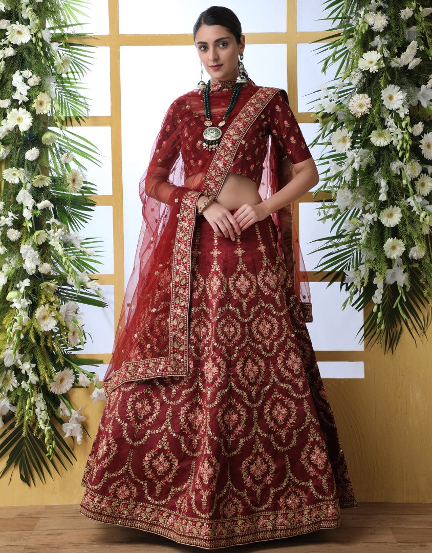 Maroon art silk sequence thread embroidered bridal lehenga choli