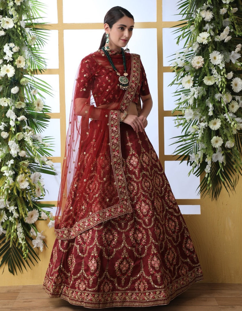 Maroon art silk sequence thread embroidered bridal lehenga choli