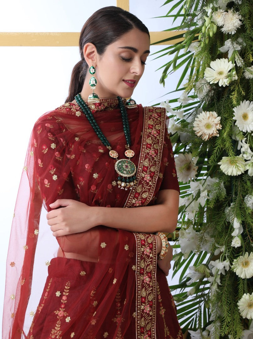 Maroon art silk sequence thread embroidered bridal lehenga choli