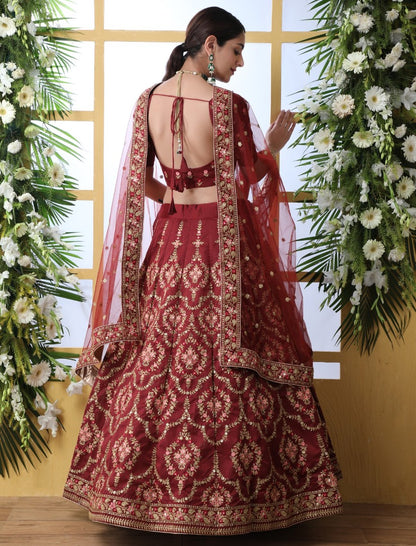 Maroon art silk sequence thread embroidered bridal lehenga choli