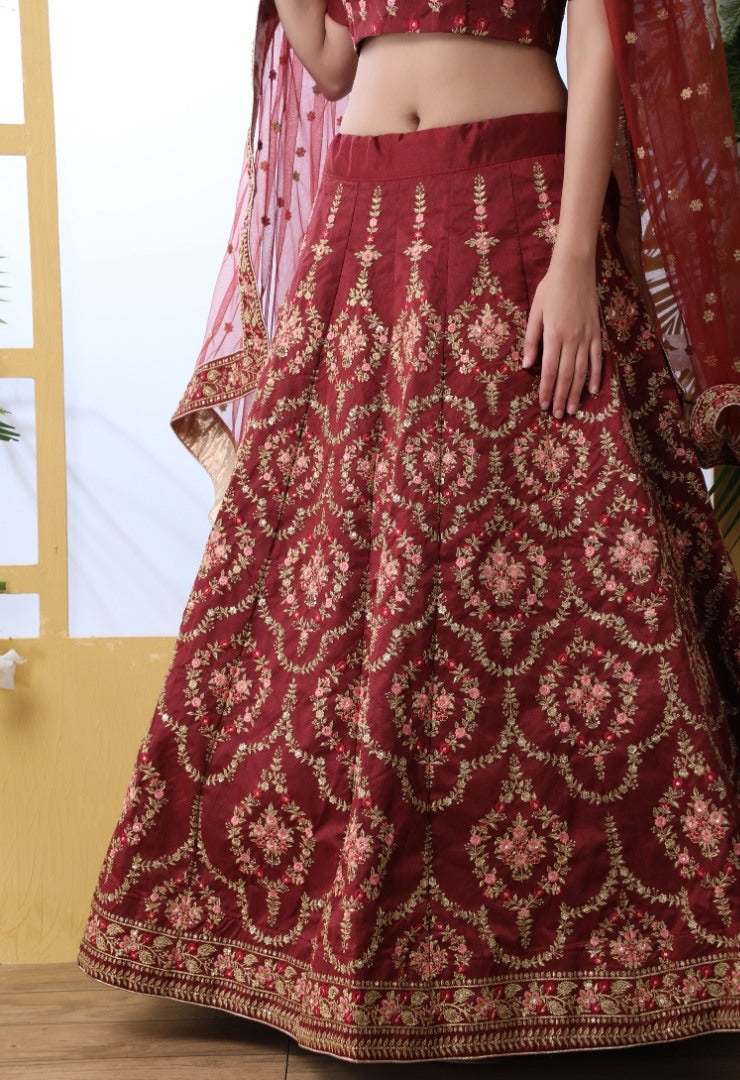 Maroon art silk sequence thread embroidered bridal lehenga choli