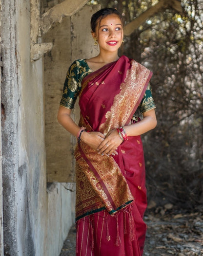 Maroon banarasi kota silk gold jari work wedding saree